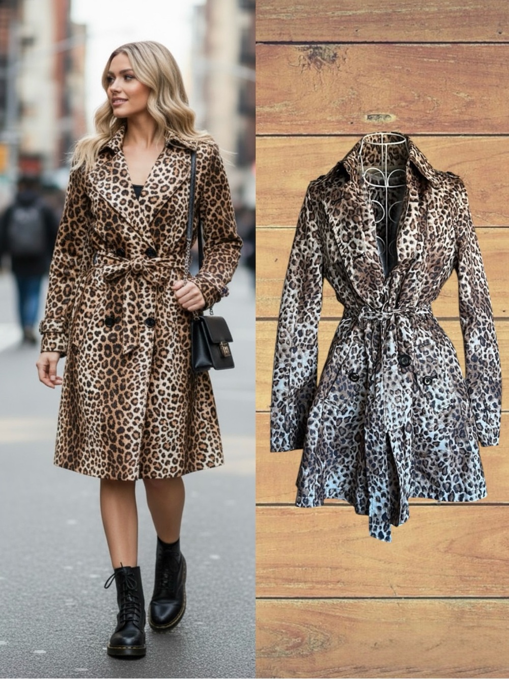 Betsey Johnson Women's Leopard Print Double Breasted Belted Trench Coat Size XL